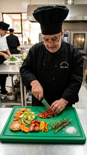Chef professionnel de Station Gourmet préparant des produits frais.